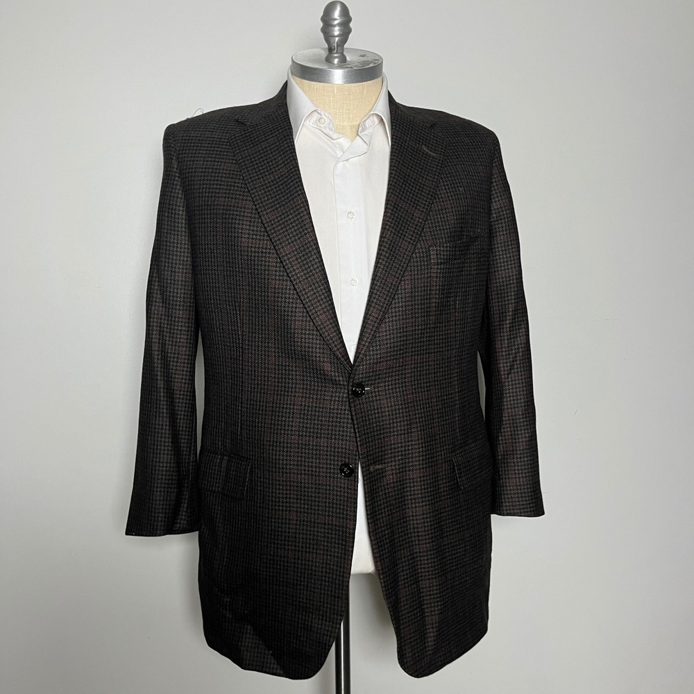 Tom James Blazer Mens 44R Brown Houndstooth Check Wool Two Button Sport Coat
